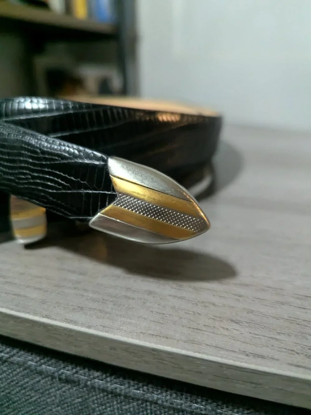 Vintage Lizard print belt two toned metal - Size 44 genuine calfskin leather